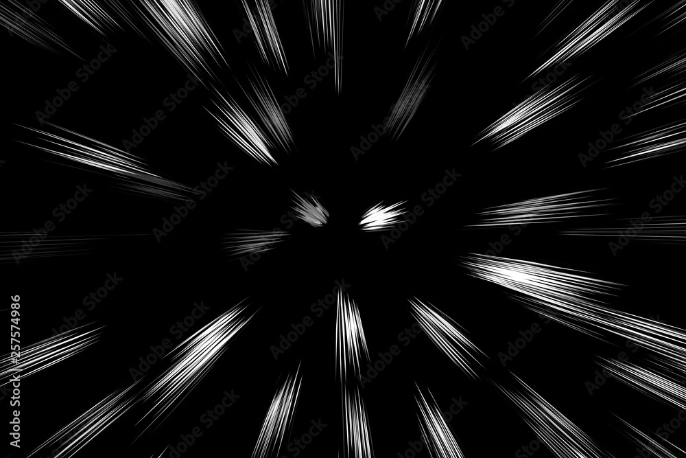 Bokeh white lines on a black background. Abstract flash light speed motion blur texture. Star particle or space travel