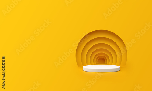 3D Render of Abstract Yellow Composition with Podium. Minimal Studio with Round Pedestal and Copy Space. Futuristic Interior Backdrop for Landing Page, Showcase, Product Presentation.