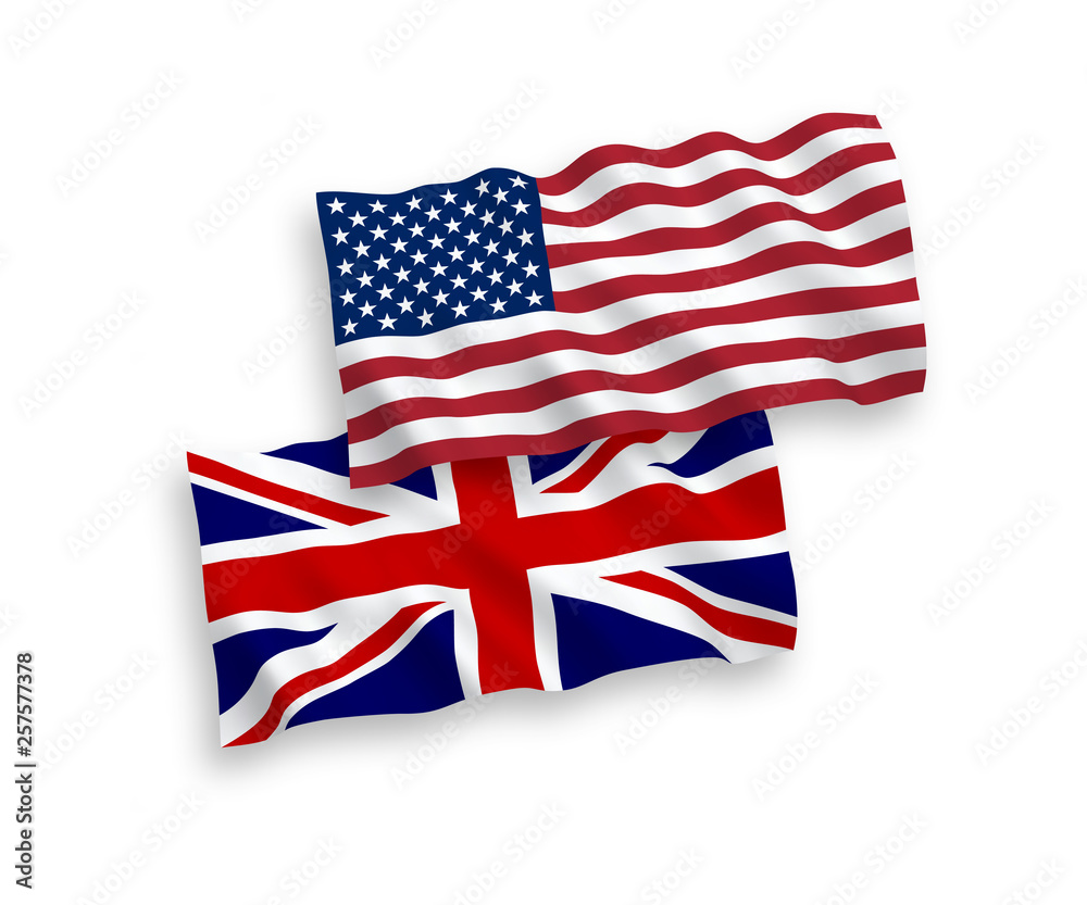 Great Britain and American flags isolated on white background. Vector illustration of the United Kingdom und USA flags waving 1 to 2 proportion.