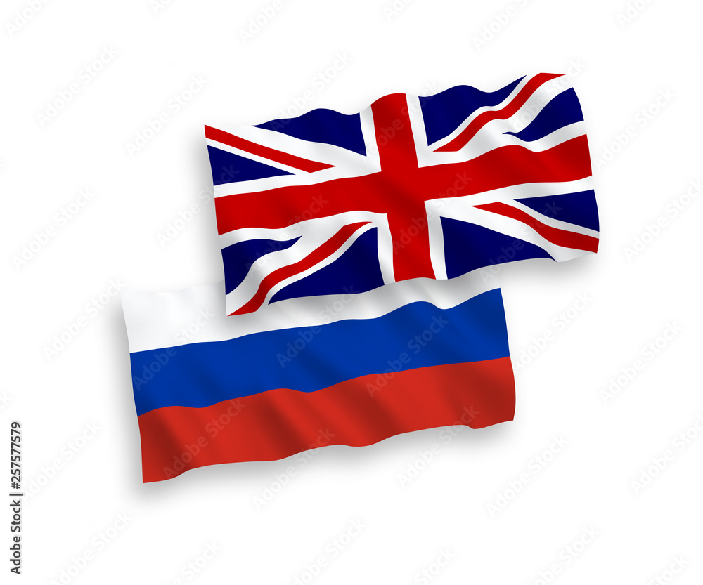 Great Britain and Russian flags isolated on white background. Vector illustration of the United Kingdom und Russia waving flags 1 to 2 proportion.