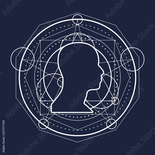 Mystical geometry symbol. Linear alchemy, occult, philosophical sign. For music album cover, poster, sacramental design. Astrology and religion concept. Outline silhouette of human head