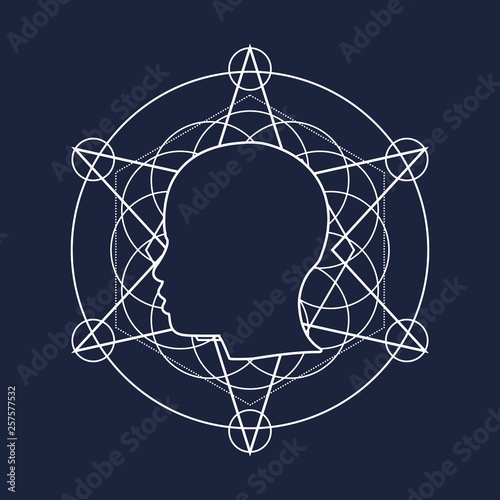 Mystical geometry symbol. Linear alchemy, occult, philosophical sign. For music album cover, poster, sacramental design. Astrology and religion concept. Outline silhouette of human head