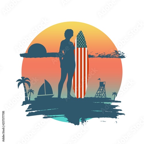 Woman posing with surfboard on grunge brush stroke. Vintage Surfing Graphic and Emblem. Palm and lifeguard tower on backdrop. Flag of the USA