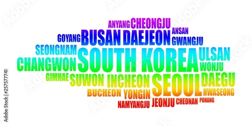 List of cities and towns of South Korea. Word cloud collage. Business and travel concept background.