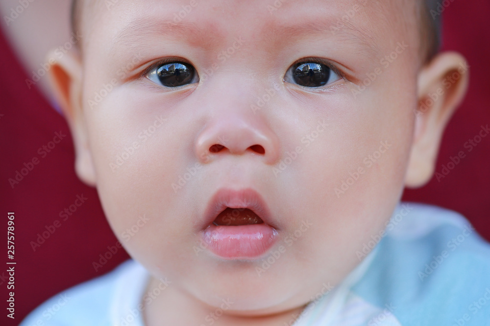 Portrait of face adorable infant baby boy. Close up.