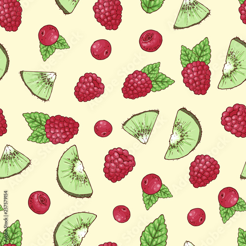 Seamless pattern kiwi raspberry cherry. Vector illustration