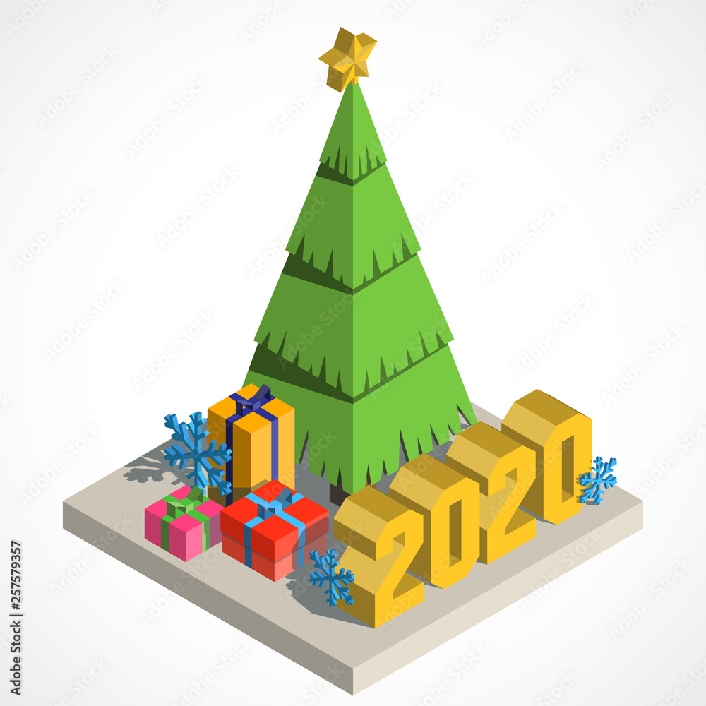 Christmas tree scene with big 2020, giftboxes and snowflakes in isometric style. Vector illustration EPS 10. Christmas tree scene with big 2020, giftboxes and snowflakes in isometric style. Vector illustration EPS 10.