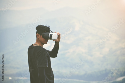 vr glass stand on mountain