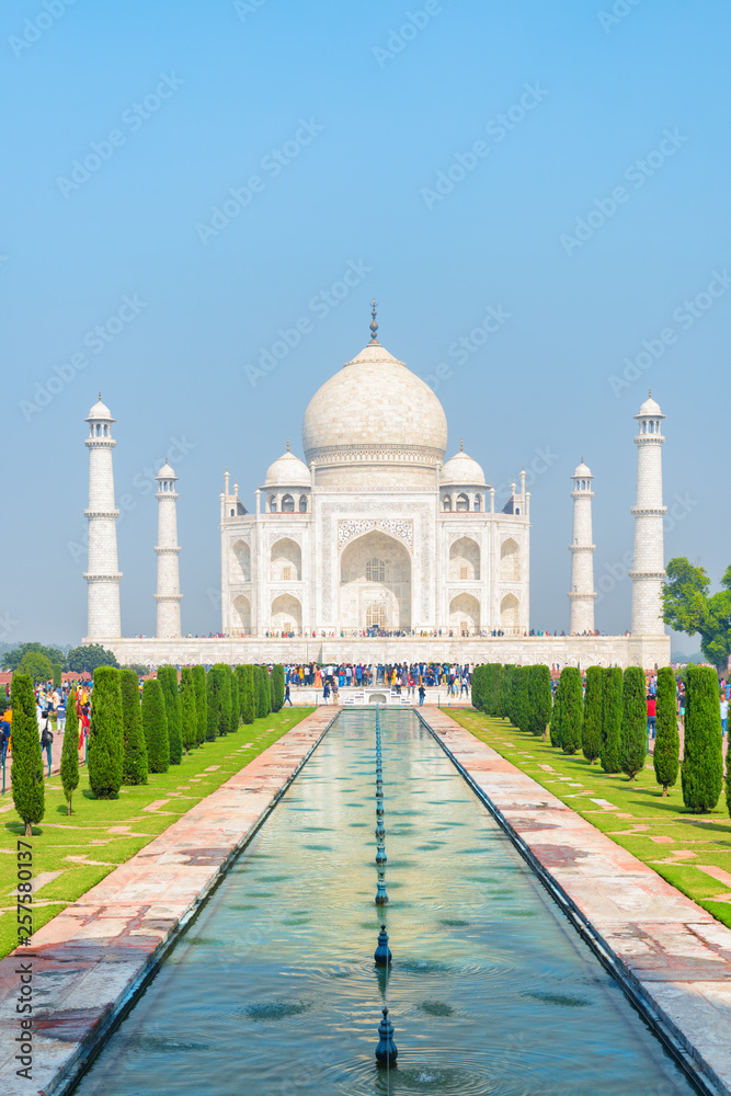The Taj Mahal on blue sky background in Agra, India
