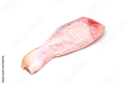 Raw chicken leg on white background, isolate 