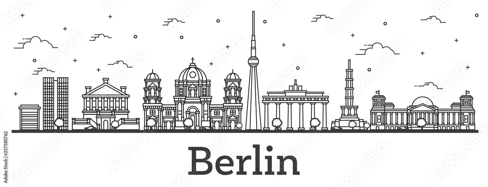 Outline Berlin Germany City Skyline with Historical Buildings Isolated on White. Outline Berlin Germany City Skyline with Historical Buildings Isolated on White.
