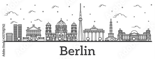 Outline Berlin Germany City Skyline with Historical Buildings Isolated on White.