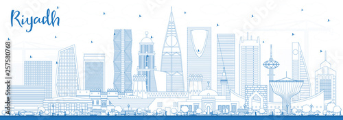 Outline Riyadh Saudi Arabia City Skyline with Blue Buildings.