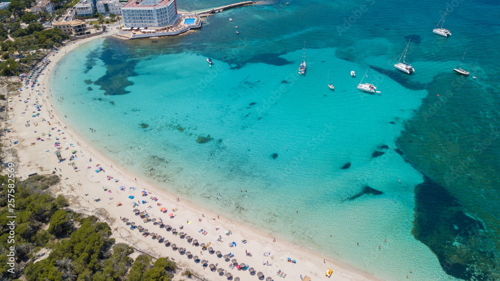 Colonia Sant Jordi, Mallorca Spain. Amazing drone aerial landscape of the charming Estanys beach. Caribbean colors, green and blue