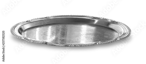 empty silver tray isolated on white photo