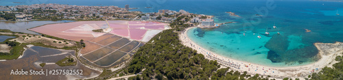 Colonia Sant Jordi, Mallorca Spain. Amazing drone aerial landscape of the pink salt flats and the charming beach Estanys