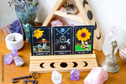 Fényképezés Tarot Cards on stand in Altar space with Moon phase design