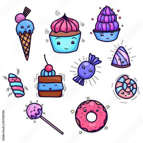 Set of cute, kawai sweets and confection. Object separated from the background. Hand drawn child vector element for stickers, pins, badges and for your creativity. photo