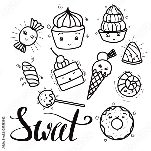 Black and white set of cute, kawai sweets and confection and with Sweet hand drawn lettering. Hand drawn child vector element for stickers, pins, badges and for your creativity.