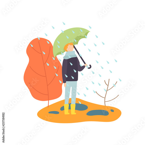 Boy Walking in Rain Under Umbrella, Autumn Season Vector Illustration photo