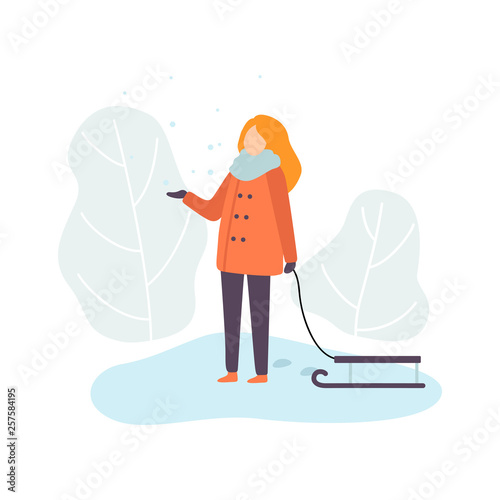 Girl Wearing Warm Winter Clothes Standing with Sledge, Winter Season Outdoor Activities Vector Illustration