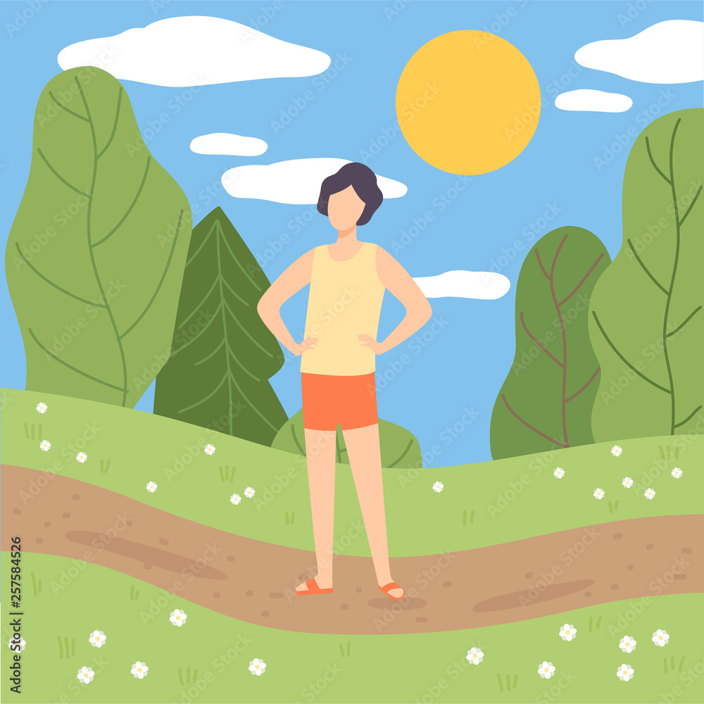 Young Man Relaxing in Park, Guy Standing on Summer Season Background Vector Illustration Young Man Relaxing in Park, Guy Standing on Summer Season Background Vector Illustration
