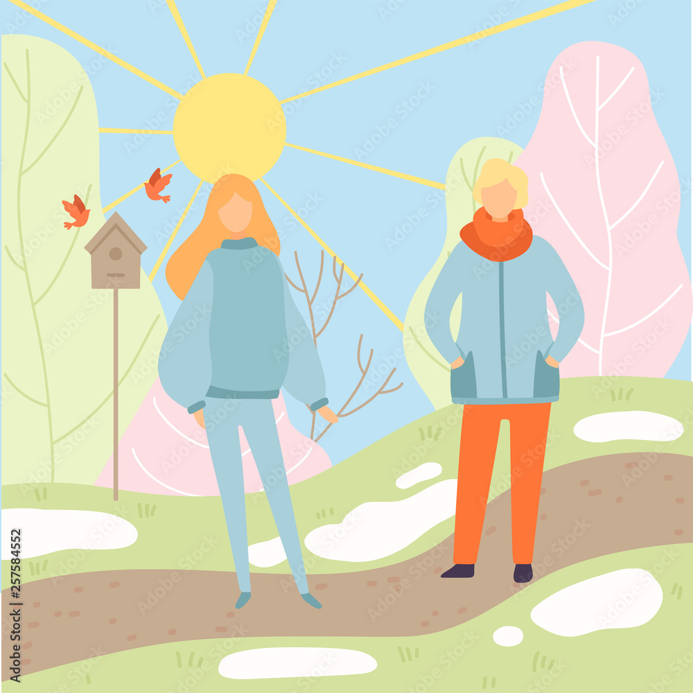 Young Man and Woman Wearing Warm Clothes Walking in Spring Park, Season Change From Winter to Spring Vector Illustration Young Man and Woman Wearing Warm Clothes Walking in Spring Park, Season Change From Winter to Spring Vector Illustration