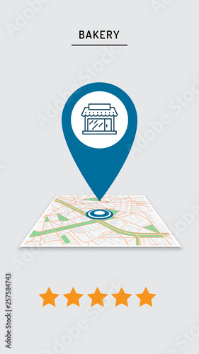 Rating of cafe, restaurant, shop, store pin on the city map in the mobile application with city navigation
