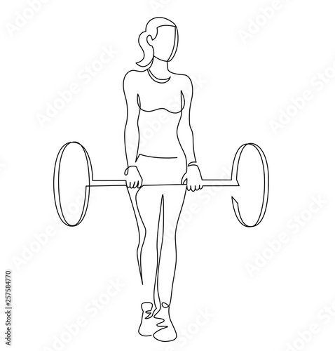 Woman lifting weights continuous one line drawing. Female bodybuilder vector hand drawn