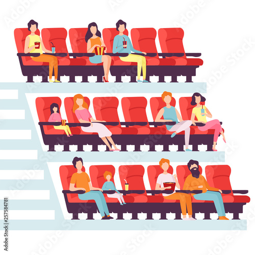 People Sitting in Cinema Hall, Men and Women Watching Film, Eating Popcorn and Drinking Soda in Movie Theater Vector Illustration