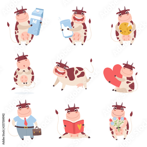 Cute Funny Cow Characters Set, Cheerful Farm Animal in Different Situations Vector Illustration