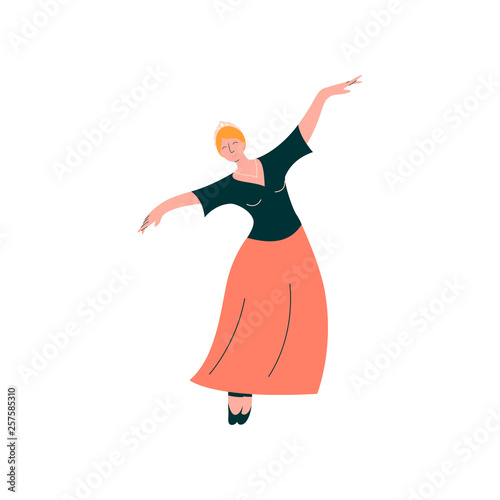 Professional Ballerina Wearing Long Dress Dancing Classical Ballet Dance Vector Illustration