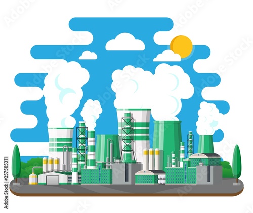 Factory building. Industrial factory, power plant. Pipes, buildings, warehouse, storage tank. Green eco plant. Trees, clouds and sun. Vector illustration in flat style