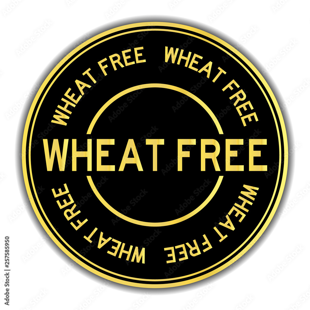 Black and gold color wheat free word round seal sticker on white background