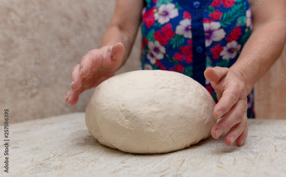 Woman kneads dough with hands in the kitchen Woman kneads dough with hands in the kitchen