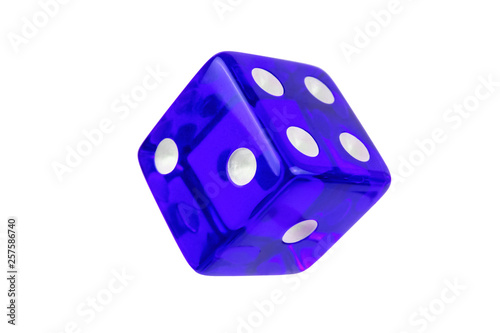 Blue glass dice isolated on white without shadow. Four, two, one.