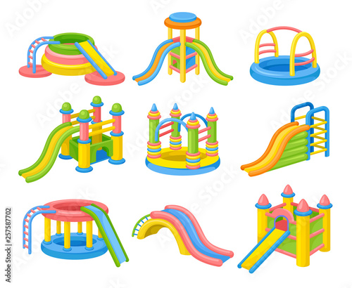 Colorful inflatable slides concept. Vector flat illustration.