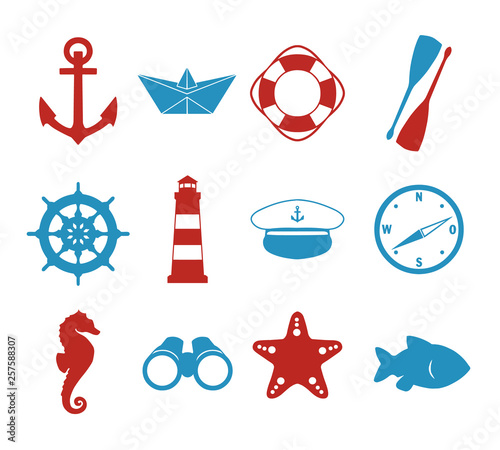 Vector icon collection set with maritime silhouettes of paper ship, skipper hat, compass, anchor, lighthouse, wheel, fish, seahorse, starfish and binoculars