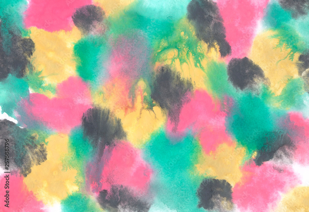 Abstract watercolor background. Vivid watercolor background with interesting stains of yellow, pink, green and black paint. Handmade on paper with paints. Blurred, horizontal, macro.