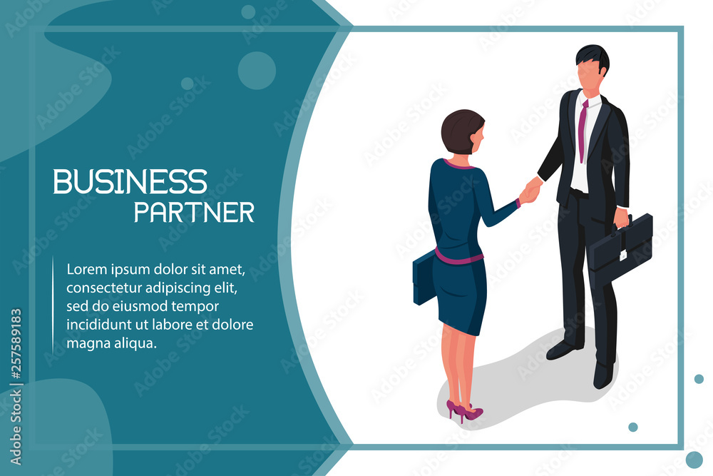 Handshake man and women. Meet business partners, stylish man in suit, woman. Business people male and businesswomen. Vector illustration isometric style. Template design. Symbol of successful deal.