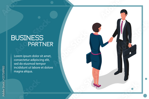 Handshake man and women. Meet business partners, stylish man in suit, woman. Business people male and businesswomen. Vector illustration isometric style. Template design. Symbol of successful deal. © hvostik16