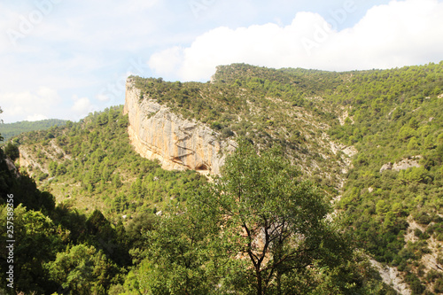 A wooden staircase at rock cliff as part of hiking path in Mont Rebei canyon, Spain