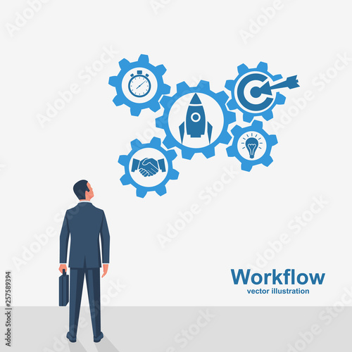 Businessman looks on workflow process. Organization teamwork. Project management. Vector illustration flat design. Isolated on white background. Set of mechanism gears with a word. Successful people.