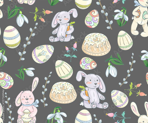 Easter seamless pattern. Pattern with Easter cakes  cute bunnies  eggs and flowers