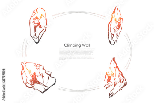 Climbing wall - men and women climbing up artificial wall vector concept set
