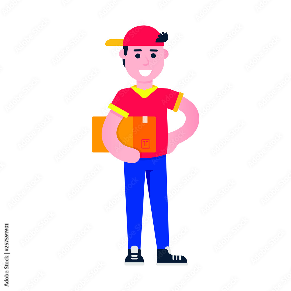 Fast delivery boy character flat style design vector illustration. Delivery boy with the box in his hands. Symbol of delivery company. fast and free.