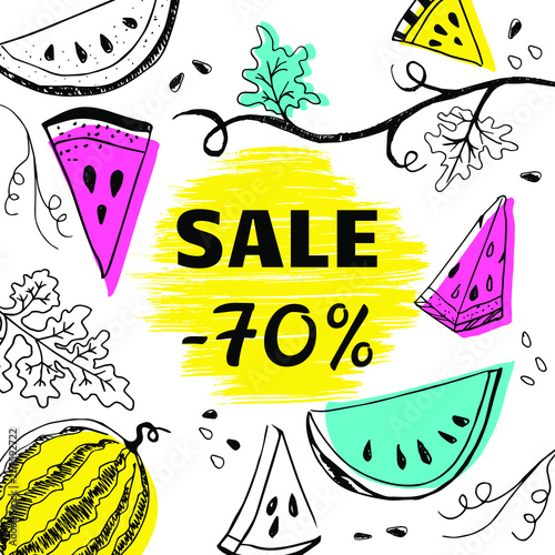 Summer sale -70% banner lettering text with hand drawn watermelons and colored shapes vector illustration. Summer sale flyer or banner or leflet concept template. Whole, parts, leaves and seeds. photo