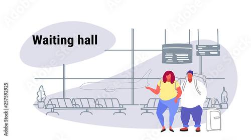 airport passengers overweight fat man woman at waiting hall departure lounge interior over size people travelers standing with baggage holiday vacation concept sketch doodle horizontal