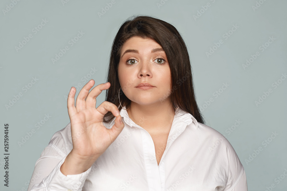 Horizontal shot of confident serious overweight chubby female manager dressed in white formal shirt connecting fore finger and thumb, making ok gesture, showing that everything is under control Horizontal shot of confident serious overweight chubby female manager dressed in white formal shirt connecting fore finger and thumb, making ok gesture, showing that everything is under control