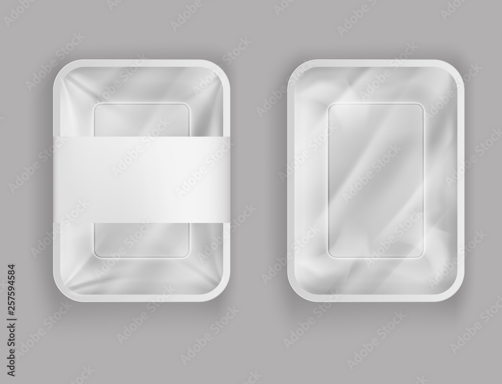 Vecteur Stock Vector 3d realistic plastic container for food, products with  paper cover or plastic foil. Empty styrofoam box isolated on transparent  background. Disposable packaging, kitchen or store object. | Adobe Stock